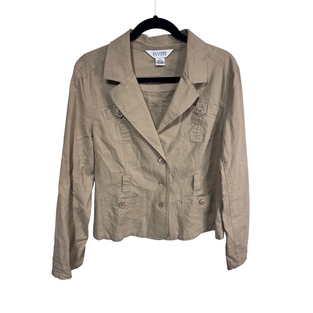 Allison Taylor Linen Blazer Jacket Women's XL Tan Cropped Safari Minimalist